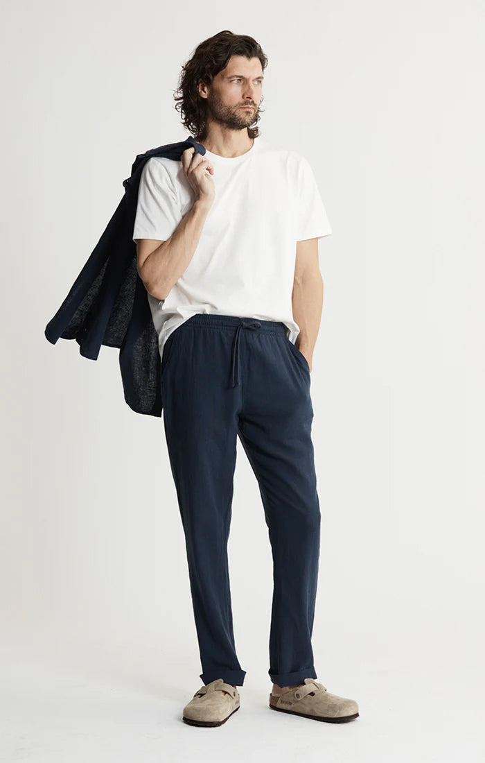 Men Navy Linen Blend Pant