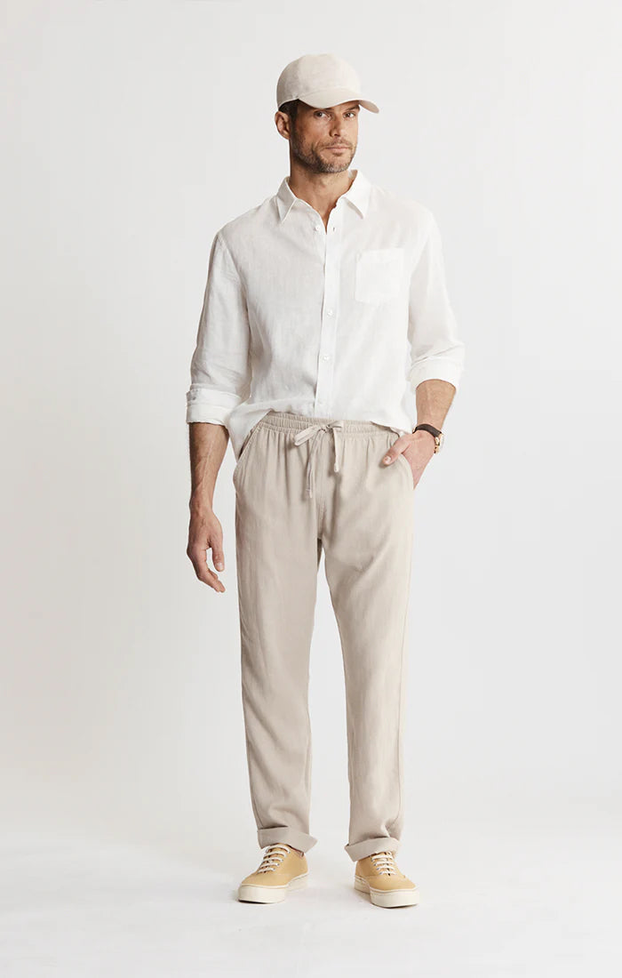 Beige linen blend pants for men, worn