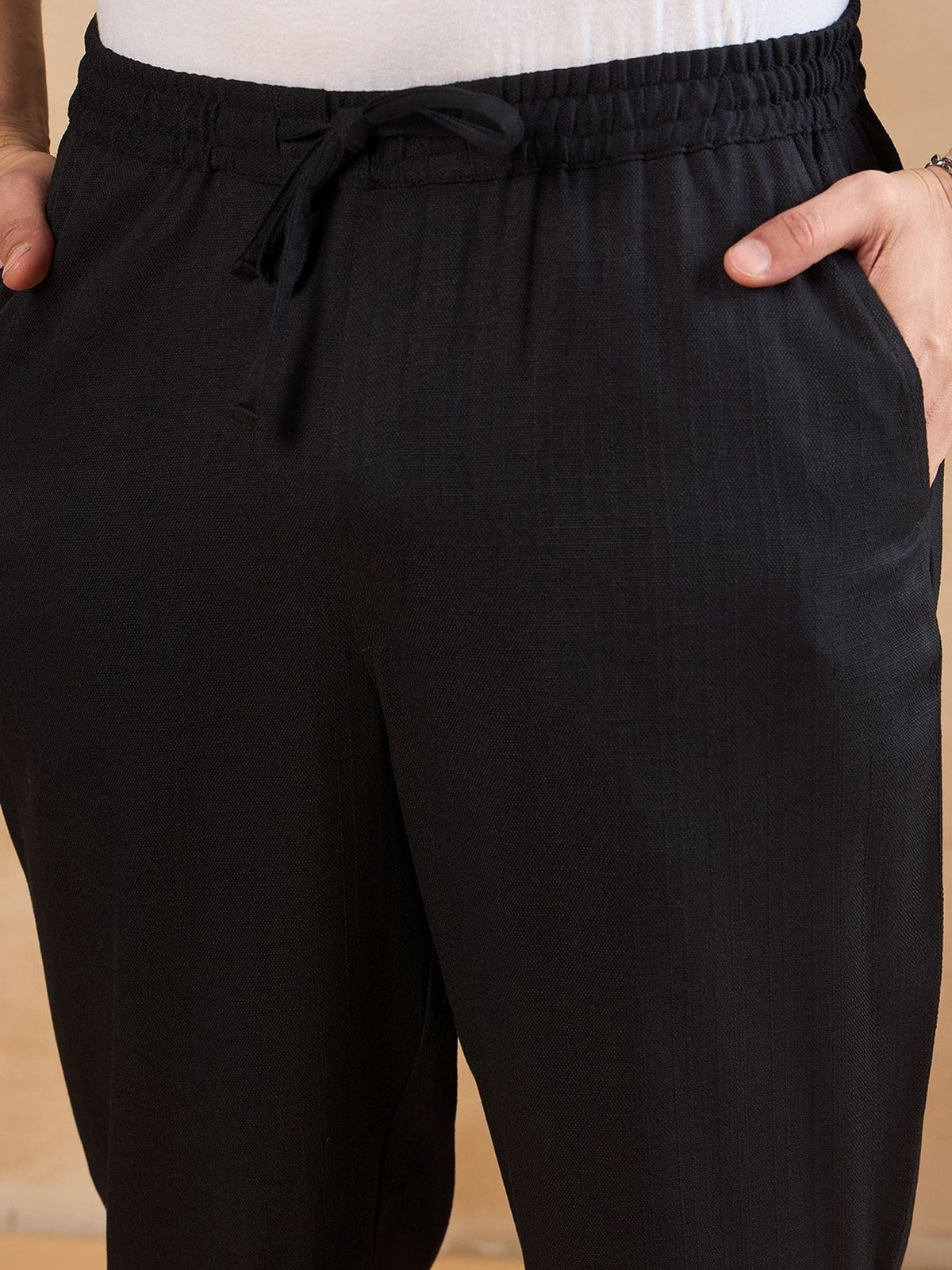 Black linen blend pants for men, front and back