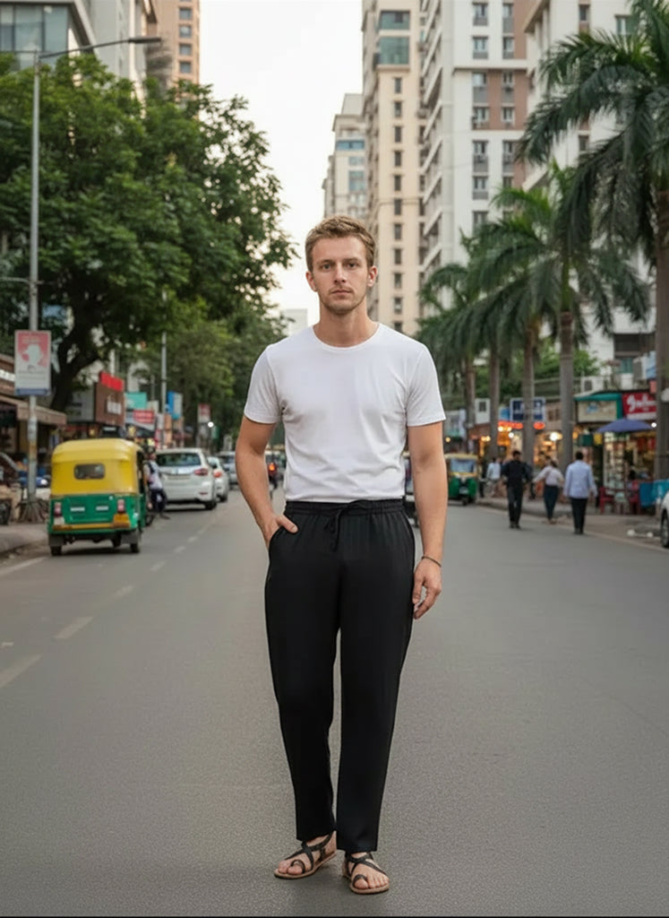 Black linen blend pants for men, worn