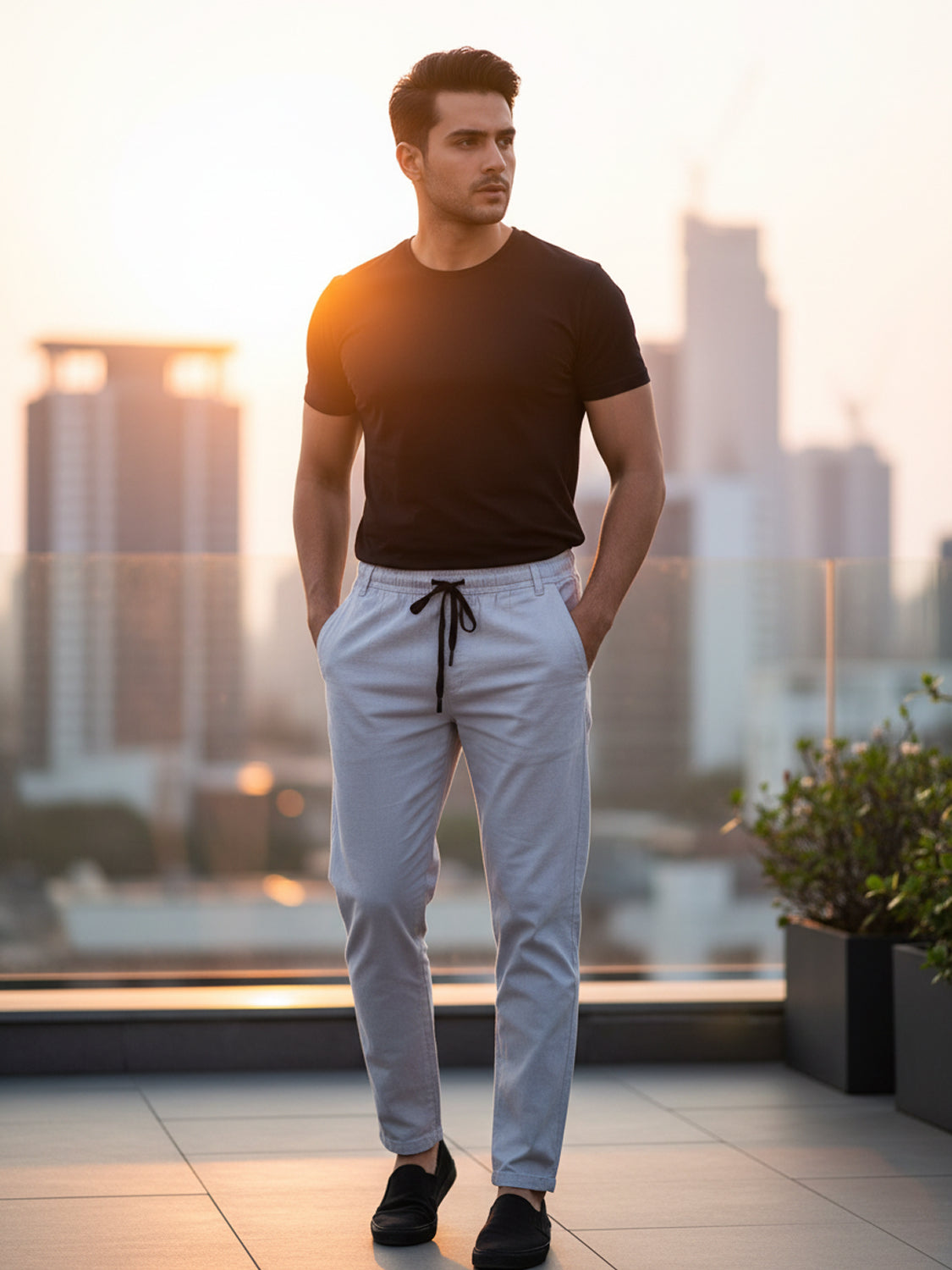 Men Light Grey Cotton Linen Pant
