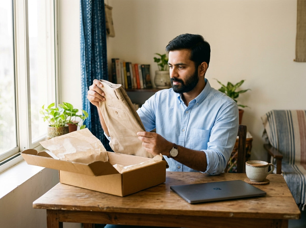 Man at a desk at home holding up beige trousers from an opened courier box
