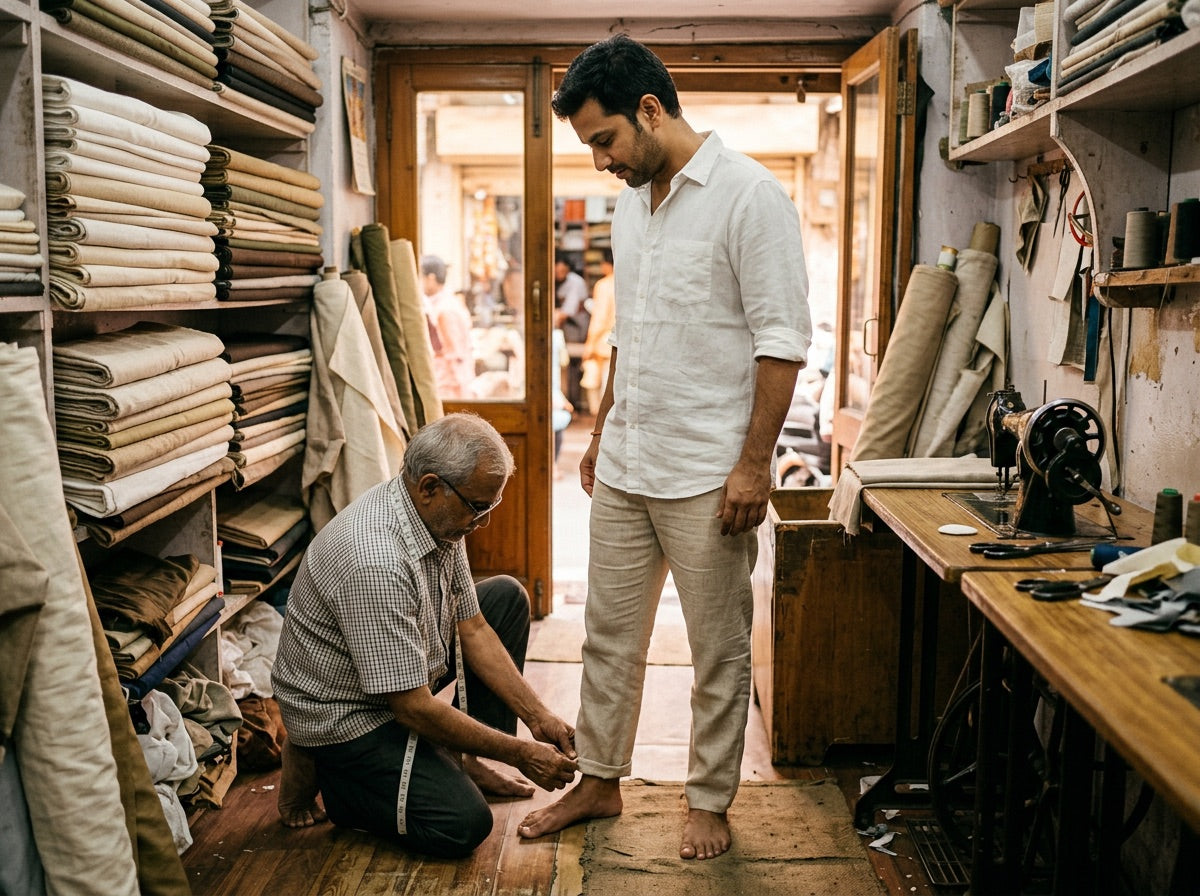 A tailor pinning the hem of cotton-linen trousers in a small tailor's shop