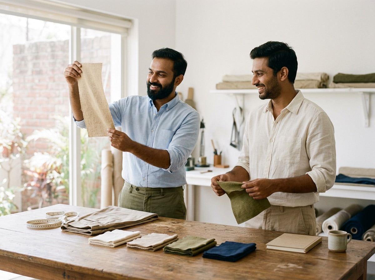 Two men at a worktable holding up cotton and linen fabric swatches