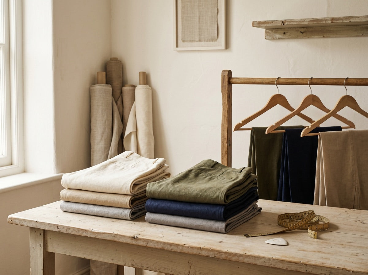 Folded cotton-linen trousers in cream, olive and navy on a table, with fabric rolls behind