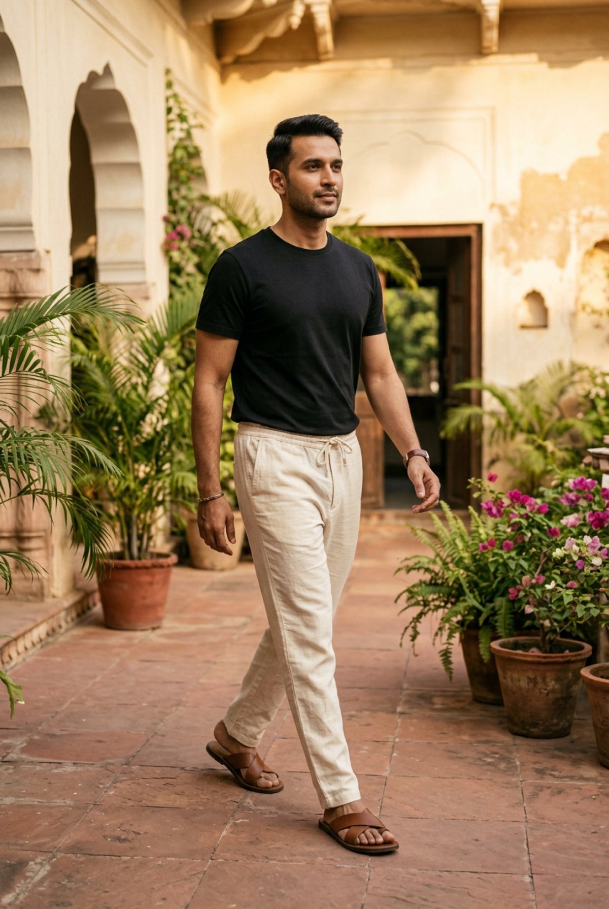 Man in a black t-shirt and cream drawstring trousers walking through a sunlit courtyard