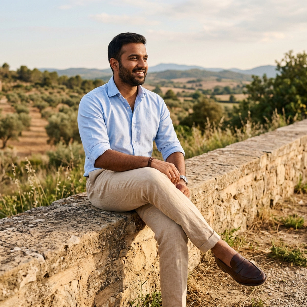 Man in a light blue shirt and beige trousers sitting on a stone wall outdoors
