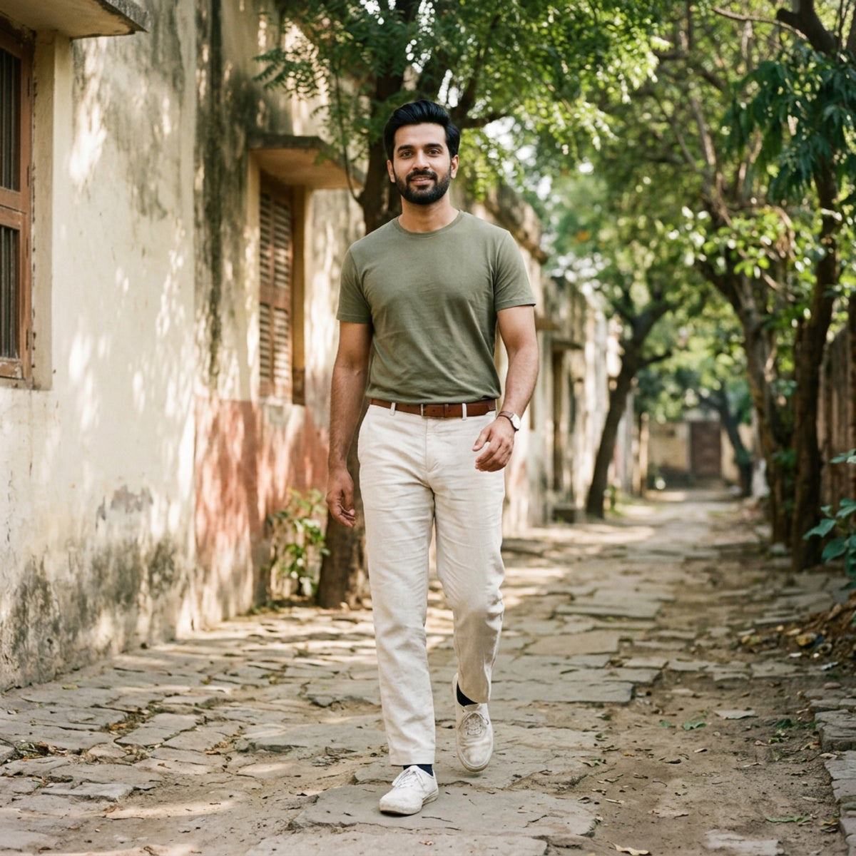 Man in an olive t-shirt and cream trousers walking down a quiet lane